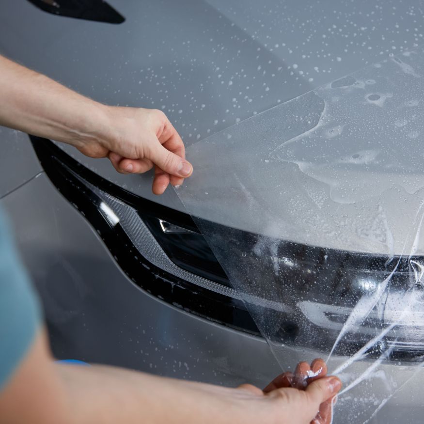 Protecting automobile headlamp with film process at car detailing studio closeup view